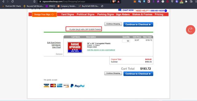 Signs On The Cheap checkout page showing Signs On The Cheap promo code box | Screenshot taken by SimplyCodes community member on Apr 11, 2022