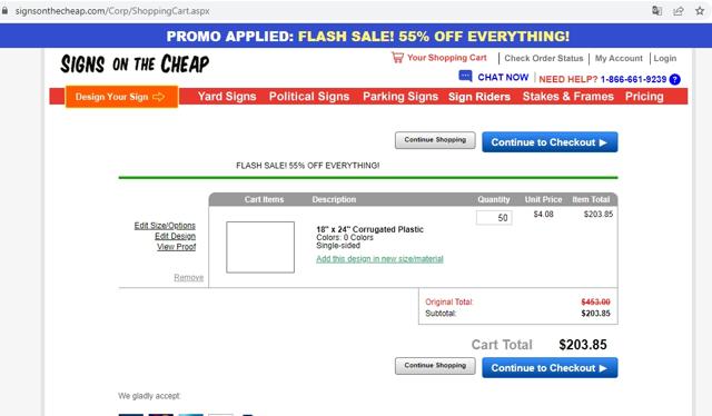 Signs On The Cheap checkout page showing Signs On The Cheap promo code box | Screenshot taken by SimplyCodes community member on May 10, 2022