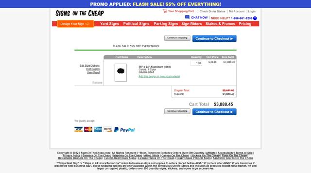 Signs On The Cheap checkout page showing Signs On The Cheap promo code box | Screenshot taken by SimplyCodes community member on May 2, 2022