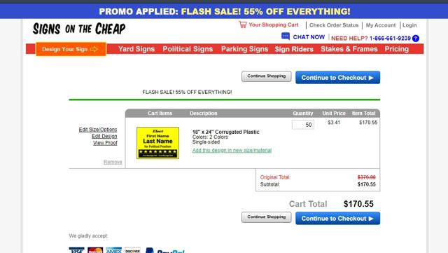 Signs On The Cheap checkout page showing Signs On The Cheap promo code box | Screenshot taken by SimplyCodes community member on Mar 31, 2022