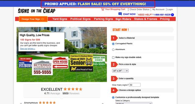 Signs On The Cheap checkout page showing Signs On The Cheap promo code box | Screenshot taken by SimplyCodes community member on Mar 28, 2022