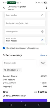 WELCOME15 coupon verification screenshot
