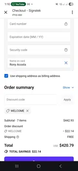 WELCOME coupon verification screenshot