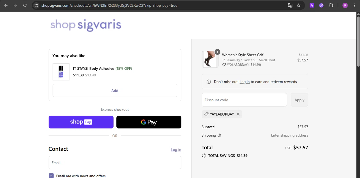 Sigvaris checkout page showing Sigvaris discount code box | Screenshot taken by SimplyCodes community member on Aug 28, 2025