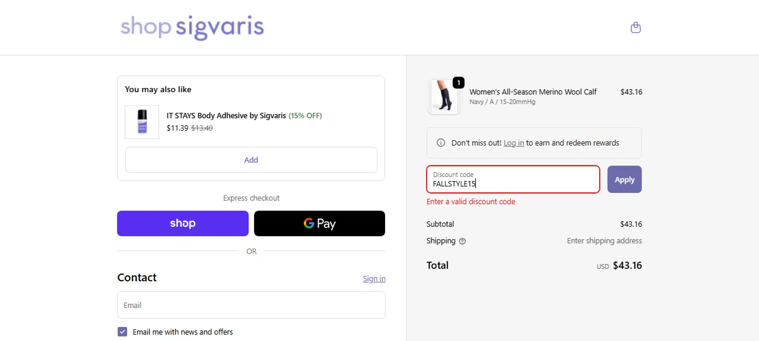 Sigvaris discount code screenshot showing code FALLSTYLE15 applied at Sigvaris checkout page. Uploaded by SimplyCodes community member CarmenAyuth on Sep 29, 2025