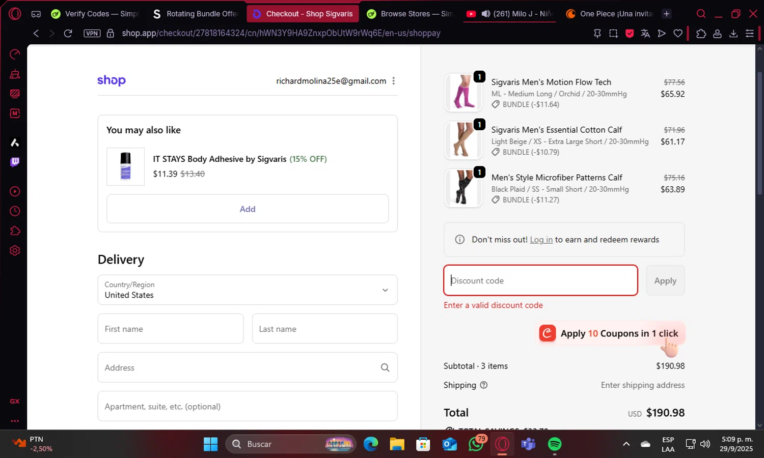 Sigvaris discount code screenshot showing code FALLSTYLE15 applied at Sigvaris checkout page. Uploaded by SimplyCodes community member tralalero777 on Sep 29, 2025
