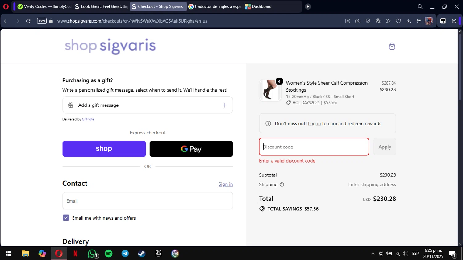 Sigvaris discount code screenshot showing code HONORVETS applied at Sigvaris checkout page. Uploaded by SimplyCodes community member mimusuky1 on Nov 20, 2025