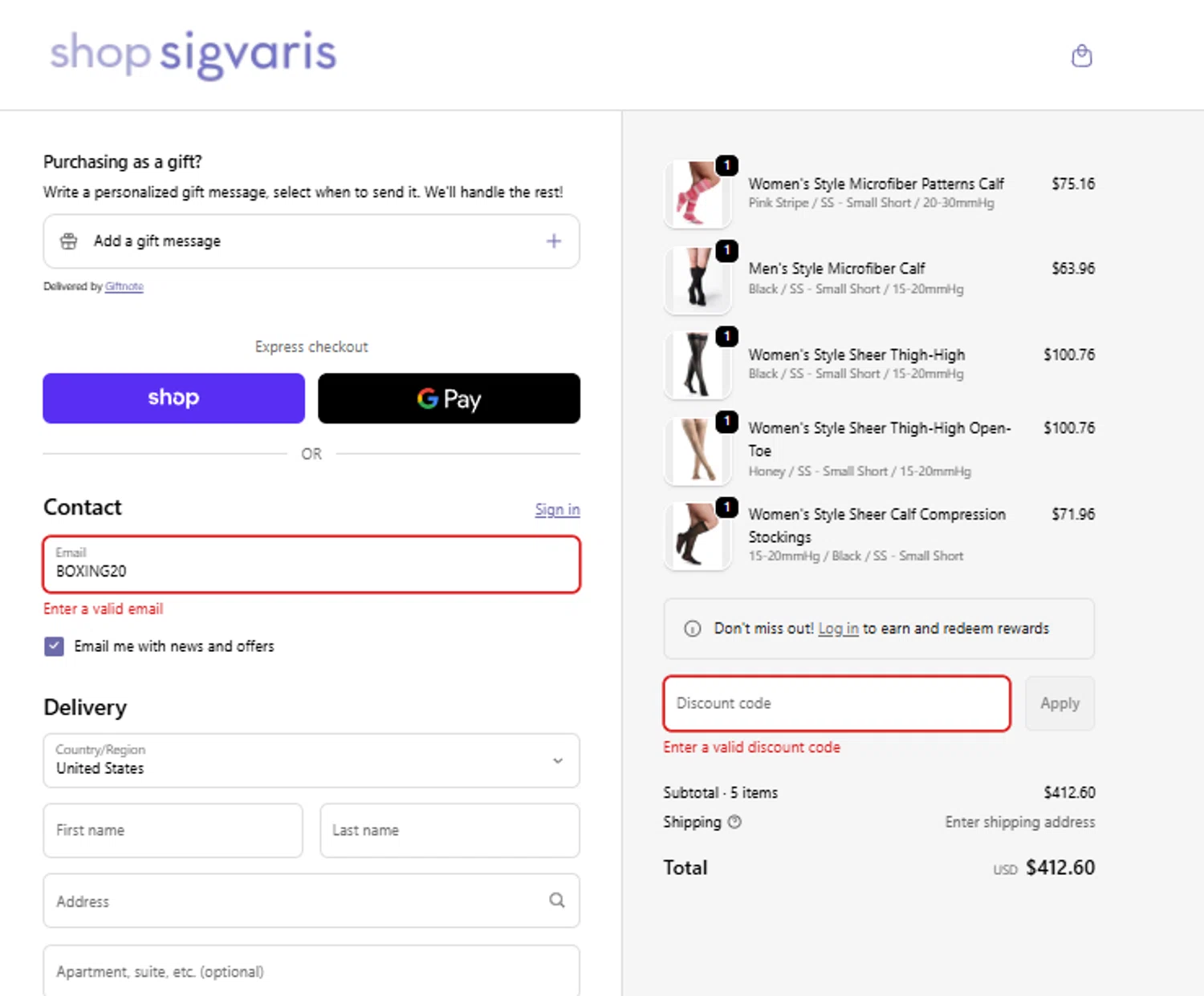 Sigvaris discount code screenshot showing code BOXING20 applied at Sigvaris checkout page. Uploaded by SimplyCodes community member Aressss on Dec 20, 2025