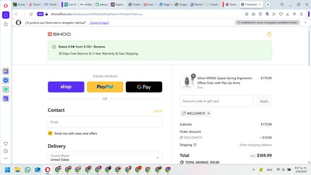 Sihoo checkout page showing Sihoo discount code box | Screenshot taken by SimplyCodes community member on Sep 3, 2025