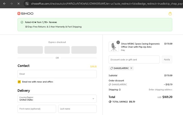 Sihoo checkout page showing Sihoo discount code box | Screenshot taken by SimplyCodes community member on Sep 5, 2025