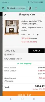 ANGIE30 coupon verification screenshot