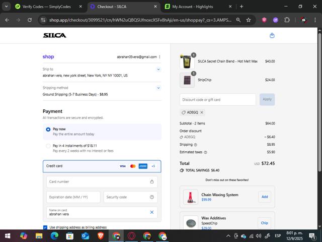 SILCA checkout page showing SILCA discount code box | Screenshot taken by SimplyCodes community member on Sep 13, 2025