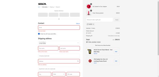 SILCA checkout page showing SILCA discount code box | Screenshot taken by SimplyCodes community member on Sep 14, 2025