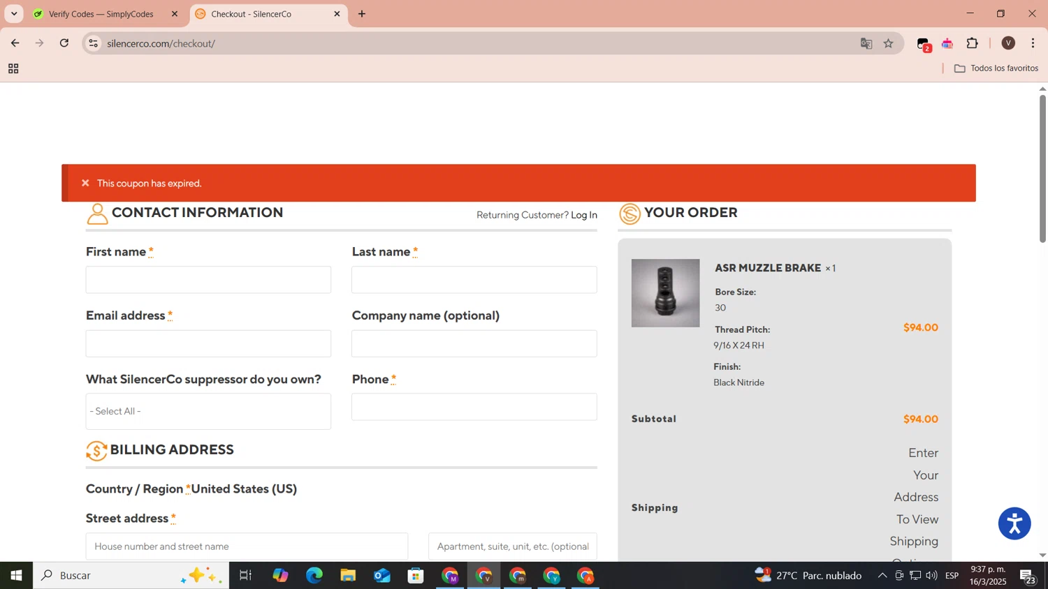 SilencerCo promo code screenshot showing code suppressed2024 applied at SilencerCo checkout page. Uploaded by SimplyCodes community member CoinLegend1707 on Mar 17, 2025