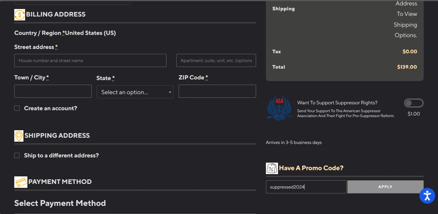 SilencerCo promo code screenshot showing code suppressed2024 applied at SilencerCo checkout page. Uploaded by SimplyCodes community member DealFinder8915 on Mar 17, 2025
