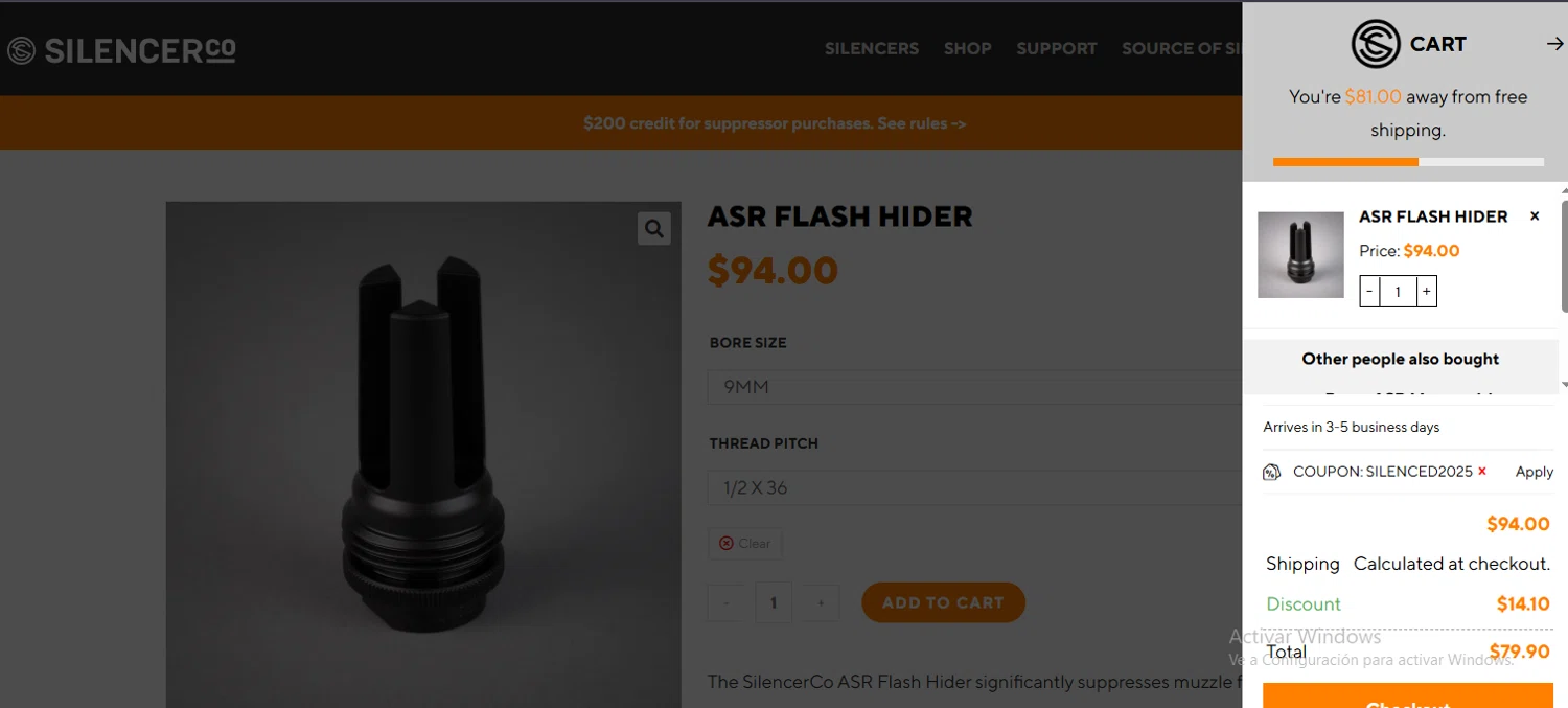 SilencerCo promo code screenshot showing code SILENCED2025 applied at SilencerCo checkout page. Uploaded by SimplyCodes community member Francisco on Nov 13, 2025