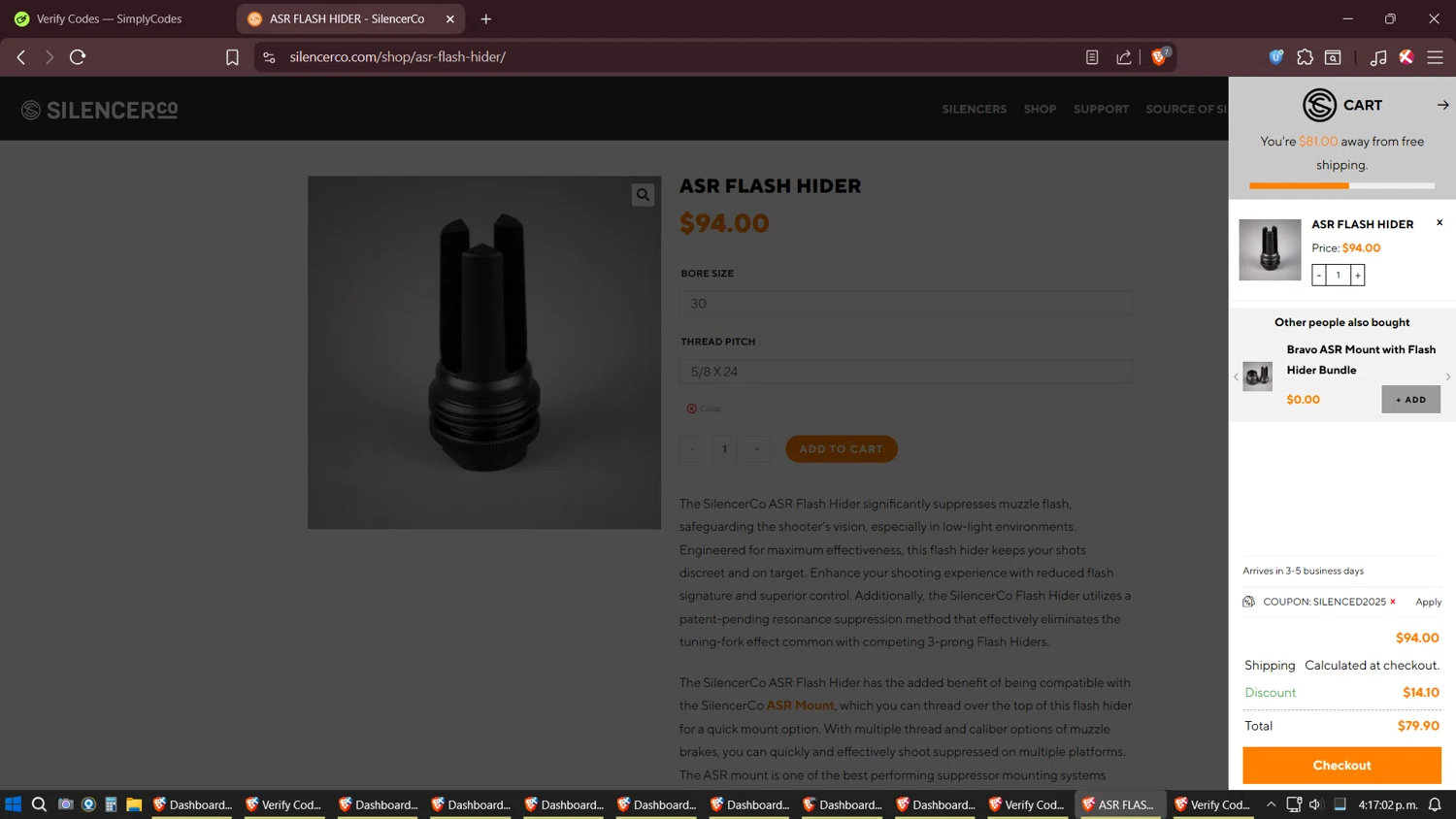 SilencerCo promo code screenshot showing code SILENCED2025 applied at SilencerCo checkout page. Uploaded by SimplyCodes community member Sesshomaru on Nov 13, 2025