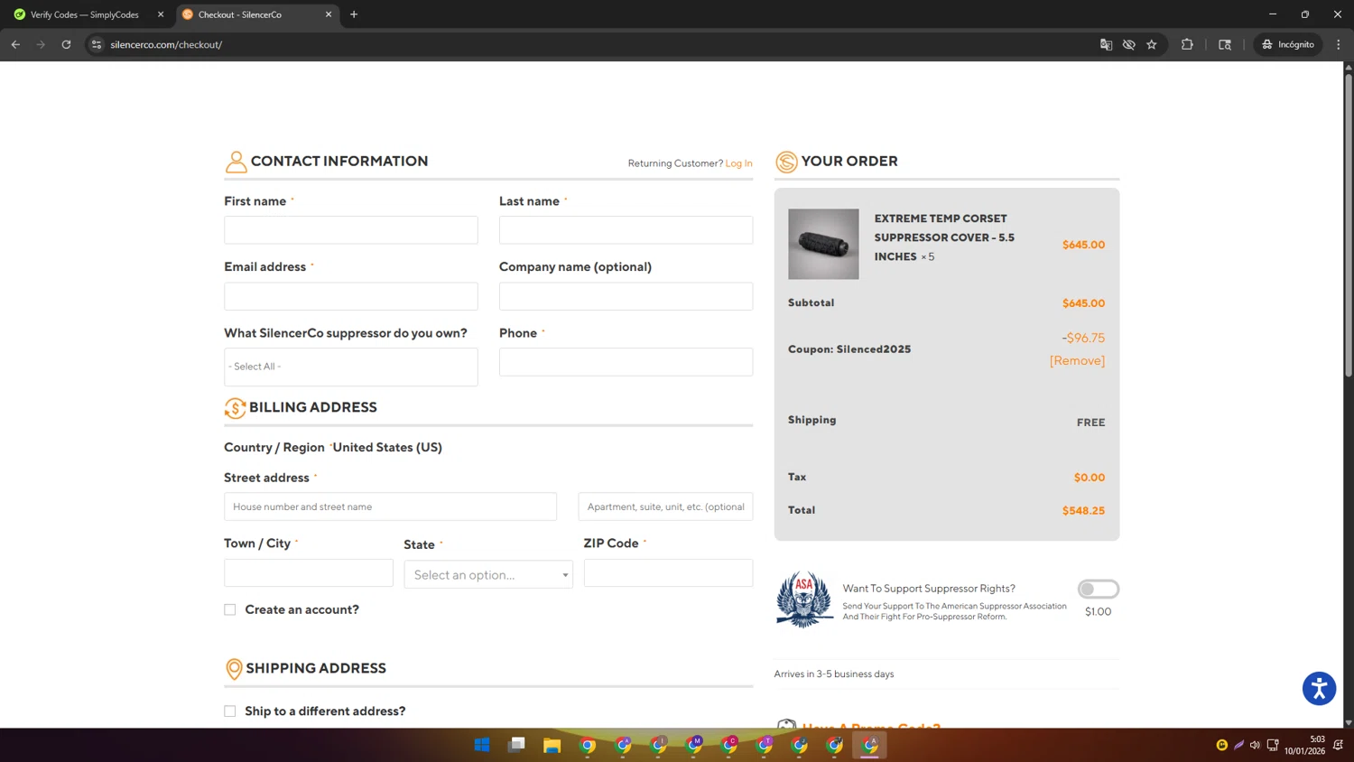 SilencerCo promo code screenshot showing code SILENCED2025 applied at SilencerCo checkout page. Uploaded by SimplyCodes community member SwiftSage2309 on Jan 10, 2026