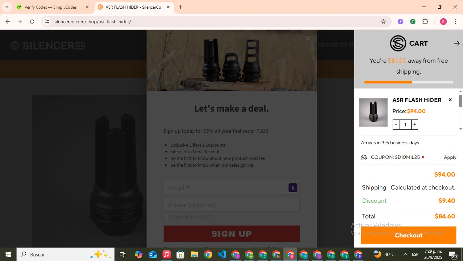 SilencerCo promo code screenshot showing code SD10MIL25 applied at SilencerCo checkout page. Uploaded by SimplyCodes community member CouponHero7312 on Sep 26, 2025