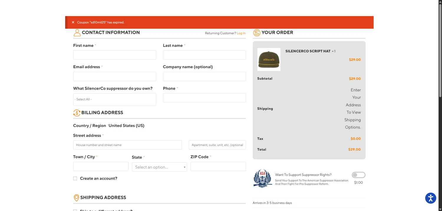SilencerCo promo code screenshot showing code SD10MIL25 applied at SilencerCo checkout page. Uploaded by SimplyCodes community member TokenNavigator3088 on Jan 20, 2026