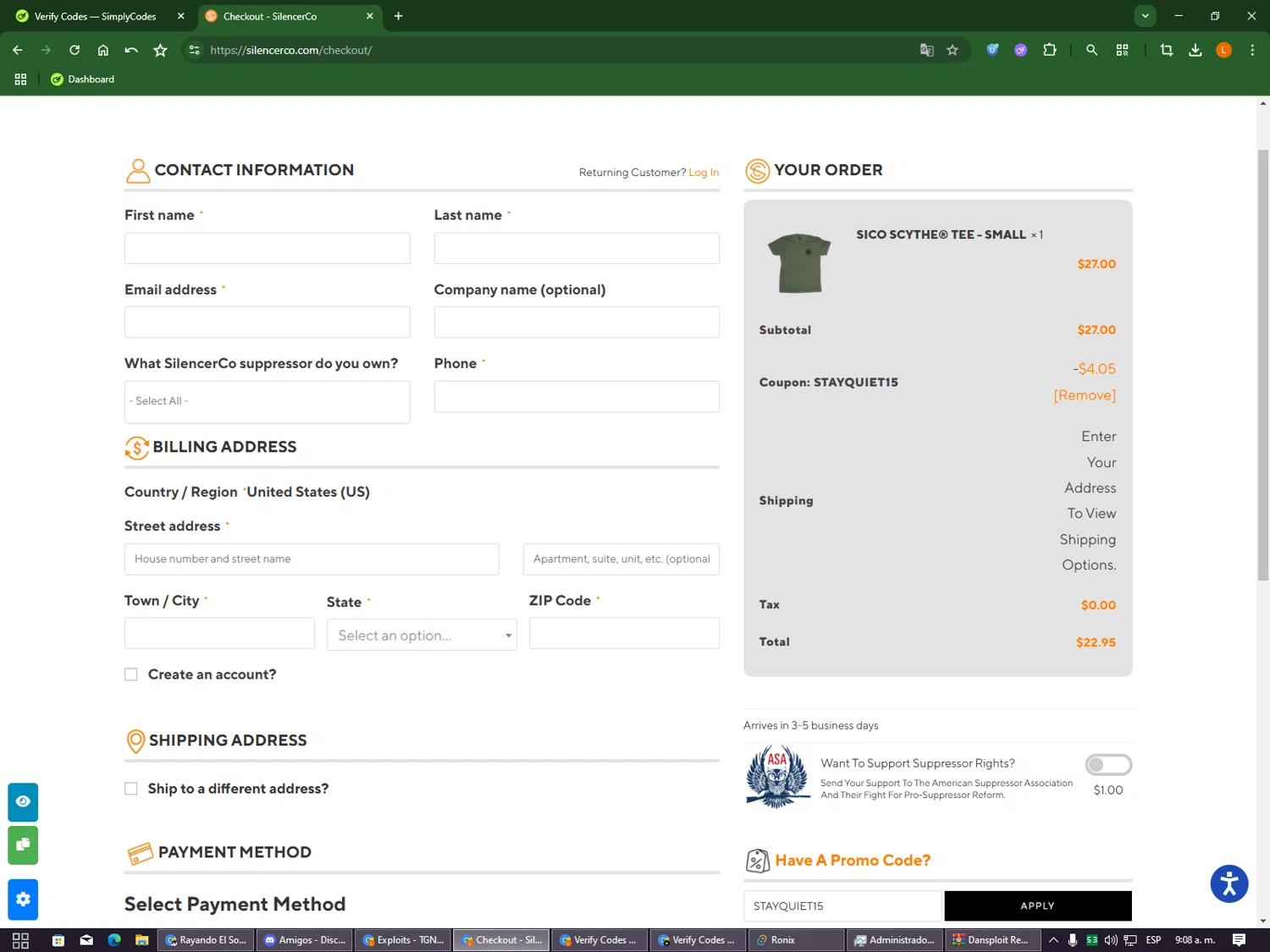 SilencerCo promo code screenshot showing code STAYQUIET15 applied at SilencerCo checkout page. Uploaded by SimplyCodes community member DealOwl9228 on Aug 24, 2025