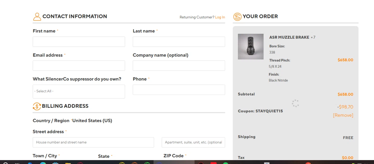 SilencerCo promo code screenshot showing code STAYQUIET15 applied at SilencerCo checkout page. Uploaded by SimplyCodes community member manuelturizo on Sep 22, 2025