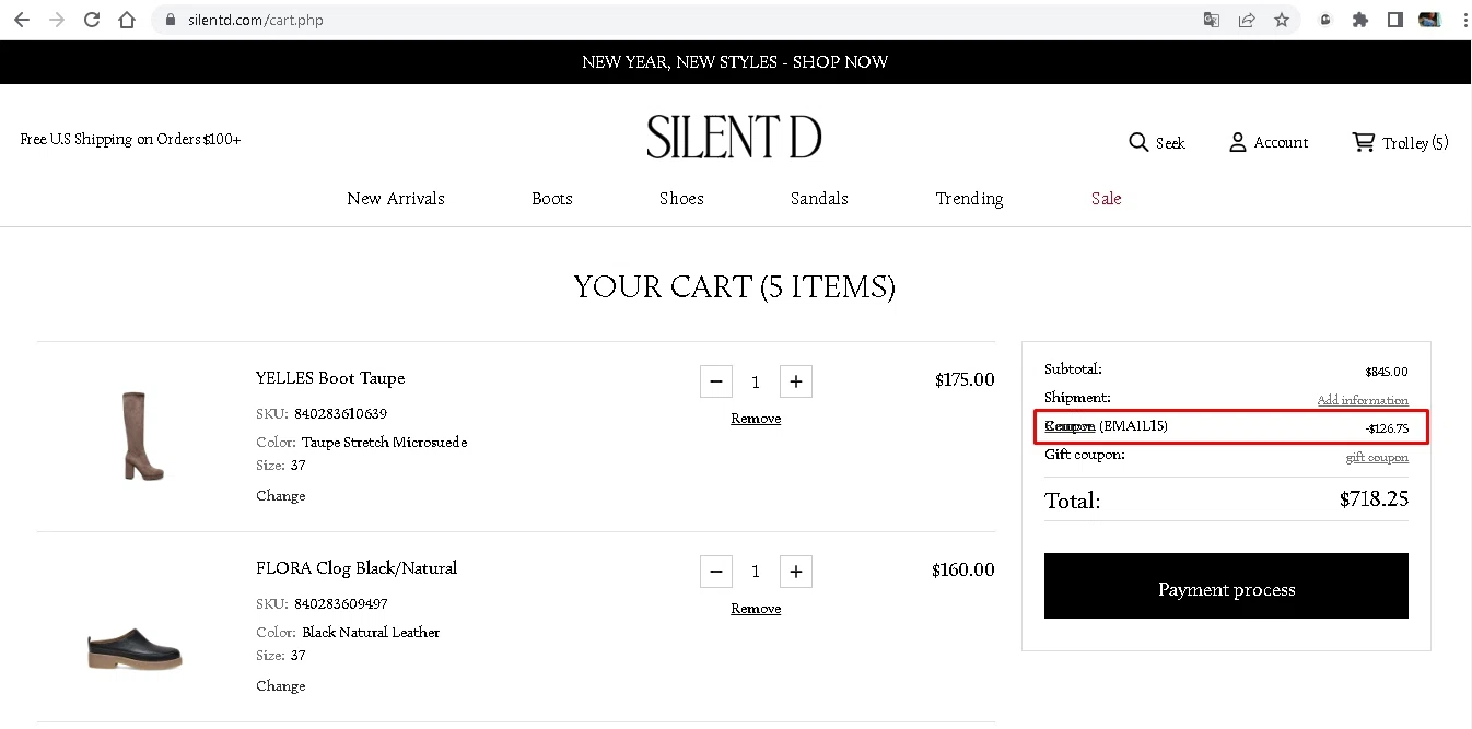 Silent D checkout page showing Silent D coupon code box | Screenshot taken by SimplyCodes community member on Jan 13, 2023