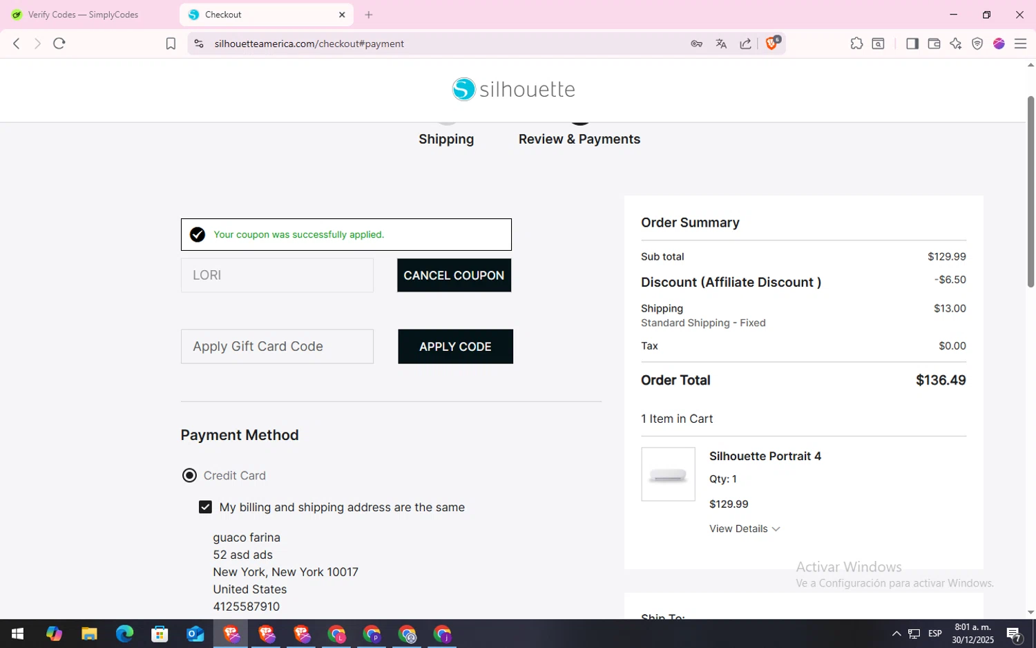 Silhouette America discount code screenshot showing code LORI applied at Silhouette America checkout page. Uploaded by SimplyCodes community member CodeLynx5272 on Dec 30, 2025