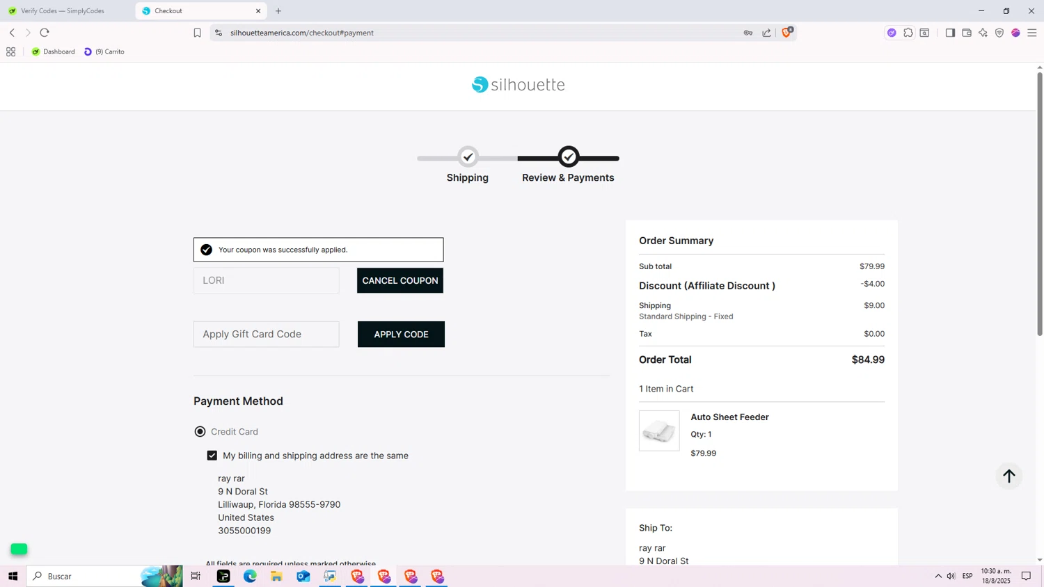 Silhouette America discount code screenshot showing code LORI applied at Silhouette America checkout page. Uploaded by SimplyCodes community member Nezukooo on Aug 18, 2025