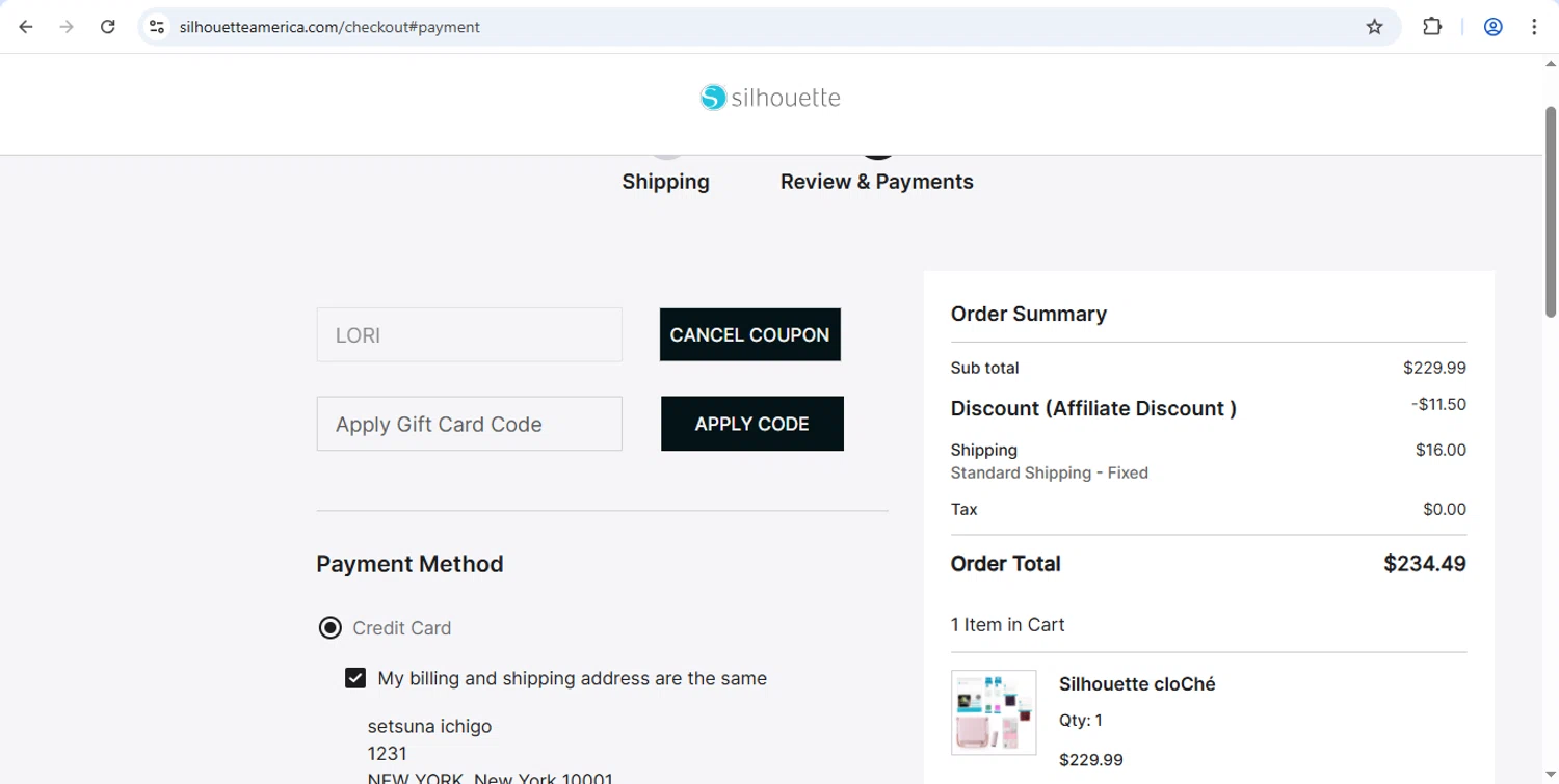 Silhouette America discount code screenshot showing code LORI applied at Silhouette America checkout page. Uploaded by SimplyCodes community member webopeluo on Dec 2, 2025