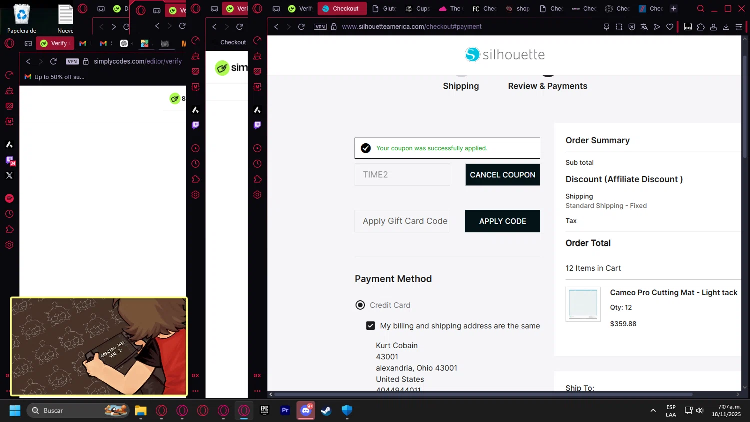 Silhouette America discount code screenshot showing code TIME2 applied at Silhouette America checkout page. Uploaded by SimplyCodes community member Handivlak on Nov 18, 2025