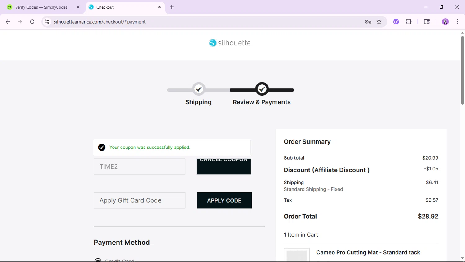 Silhouette America discount code screenshot showing code TIME2 applied at Silhouette America checkout page. Uploaded by SimplyCodes community member jamesscott on Dec 2, 2025