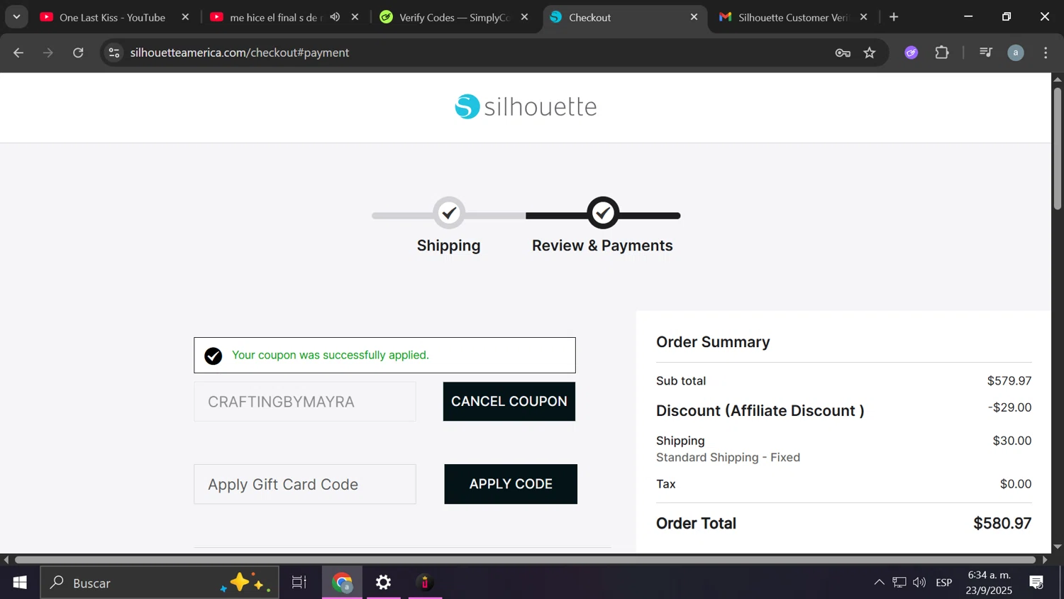 Silhouette America discount code screenshot showing code CRAFTINGBYMAYRA applied at Silhouette America checkout page. Uploaded by SimplyCodes community member Frizk_1 on Sep 23, 2025