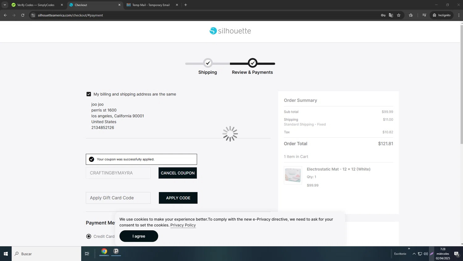 Silhouette America discount code screenshot showing code CRAFTINGBYMAYRA applied at Silhouette America checkout page. Uploaded by SimplyCodes community member Rado1234 on Apr 2, 2025