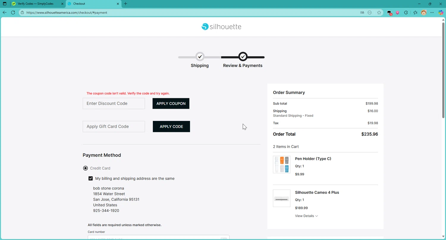 Silhouette America discount code screenshot showing code FALL20 applied at Silhouette America checkout page. Uploaded by SimplyCodes community member DonutPunks on Oct 1, 2025