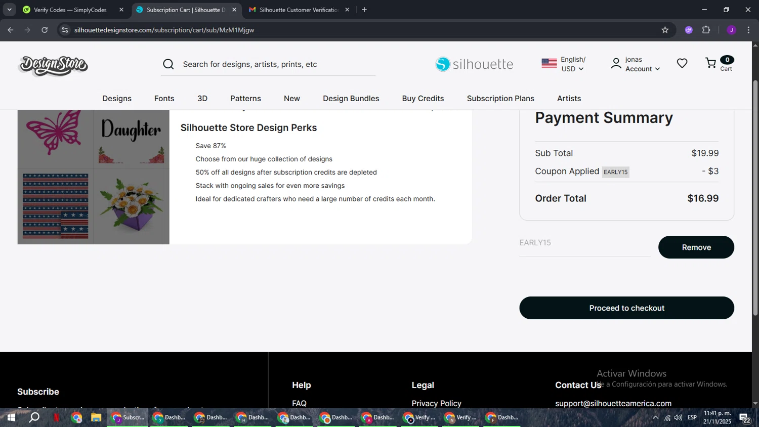 Silhouette America checkout page showing Silhouette America discount code box | Screenshot taken by SimplyCodes community member on Nov 22, 2025