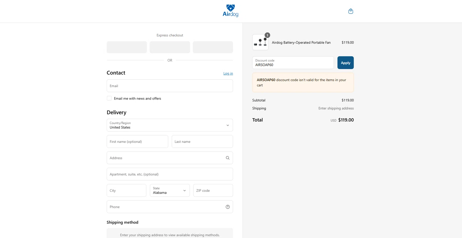 Airdogusa promo code screenshot showing code AIRSOAP60 applied at Airdogusa checkout page. Uploaded by SimplyCodes community member MightyTitan865 on Jul 26, 2025