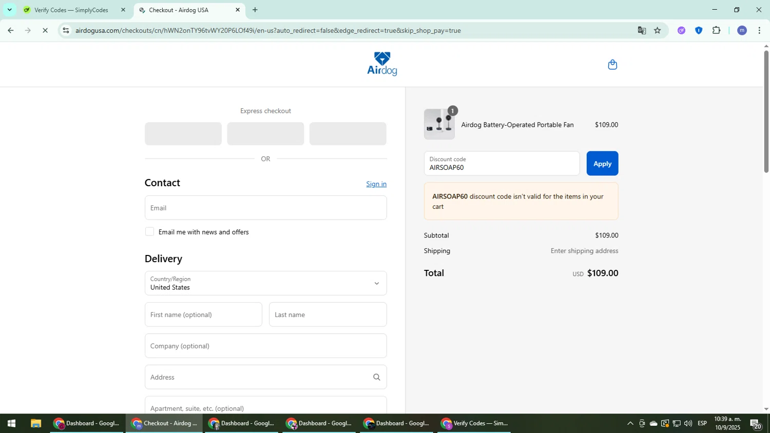 Airdogusa promo code screenshot showing code AIRSOAP60 applied at Airdogusa checkout page. Uploaded by SimplyCodes community member QuestDefender2661 on Sep 10, 2025
