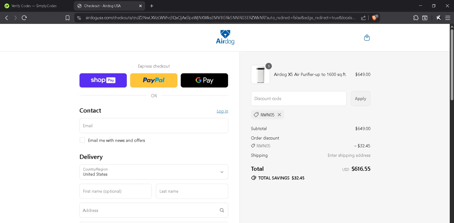 Airdogusa promo code screenshot showing code RMN05 applied at Airdogusa checkout page. Uploaded by SimplyCodes community member MadaraUchiha07 on Jul 12, 2025
