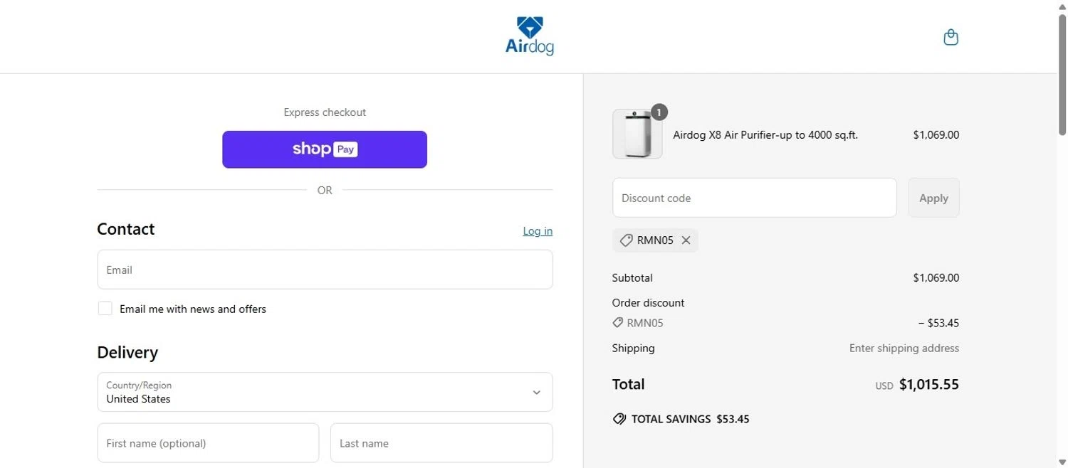 Airdogusa promo code screenshot showing code RMN05 applied at Airdogusa checkout page. Uploaded by SimplyCodes community member EpicVirtuoso478 on May 19, 2025