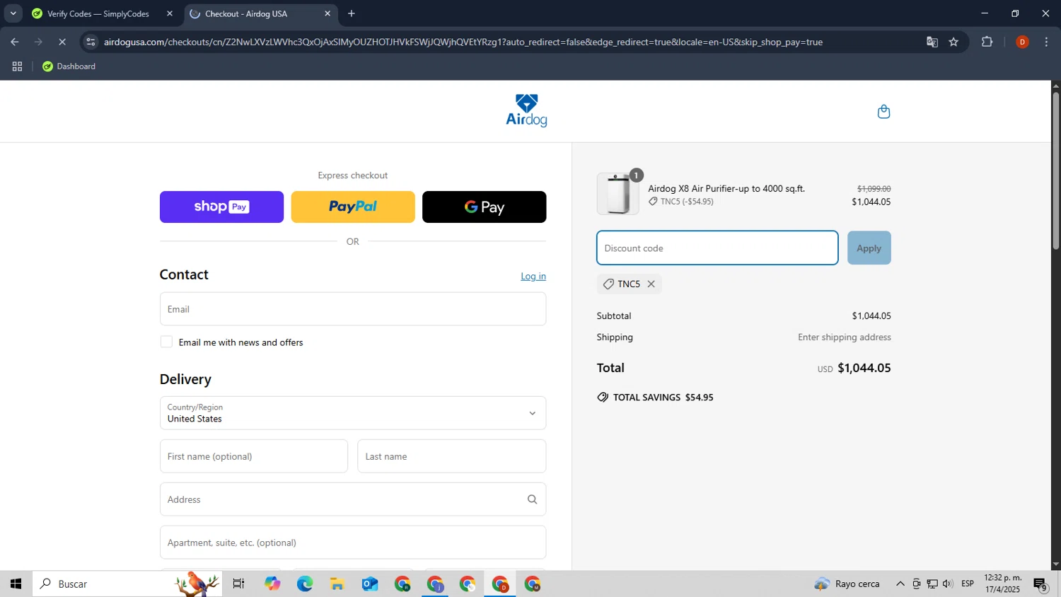 Airdogusa promo code screenshot showing code TNC5 applied at Airdogusa checkout page. Uploaded by SimplyCodes community member LegendaryCollector9893 on Apr 17, 2025