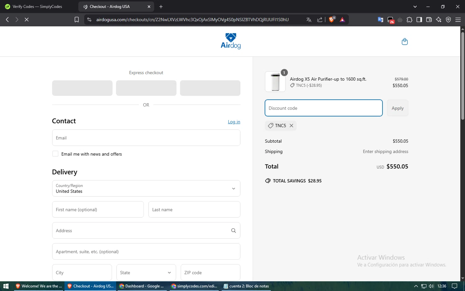 Airdogusa promo code screenshot showing code TNC5 applied at Airdogusa checkout page. Uploaded by SimplyCodes community member ShieldElite2370 on Apr 17, 2025