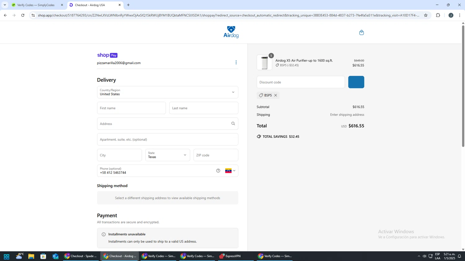 Airdogusa promo code screenshot showing code BSP5 applied at Airdogusa checkout page. Uploaded by SimplyCodes community member AVATIGRITO on May 1, 2025