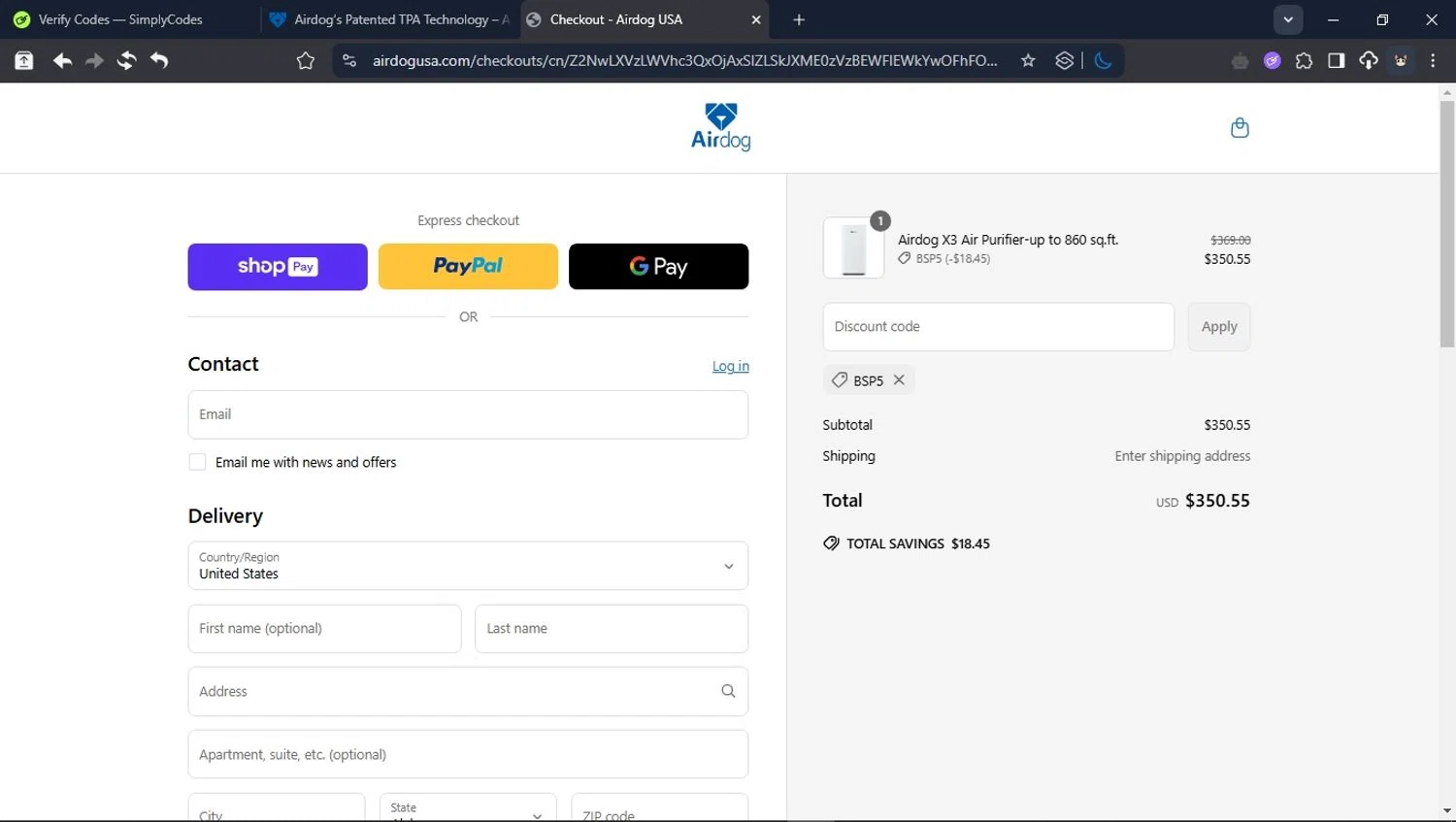 Airdogusa promo code screenshot showing code BSP5 applied at Airdogusa checkout page. Uploaded by SimplyCodes community member CleverPioneer8971 on May 19, 2025