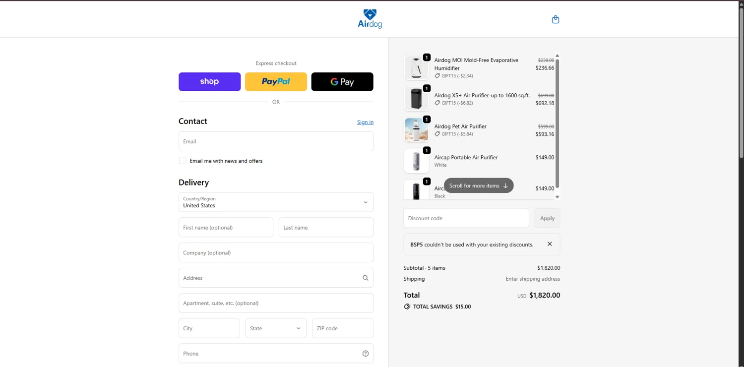 Airdogusa promo code screenshot showing code BSP5 applied at Airdogusa checkout page. Uploaded by SimplyCodes community member SavingsPioneer4533 on Dec 20, 2025