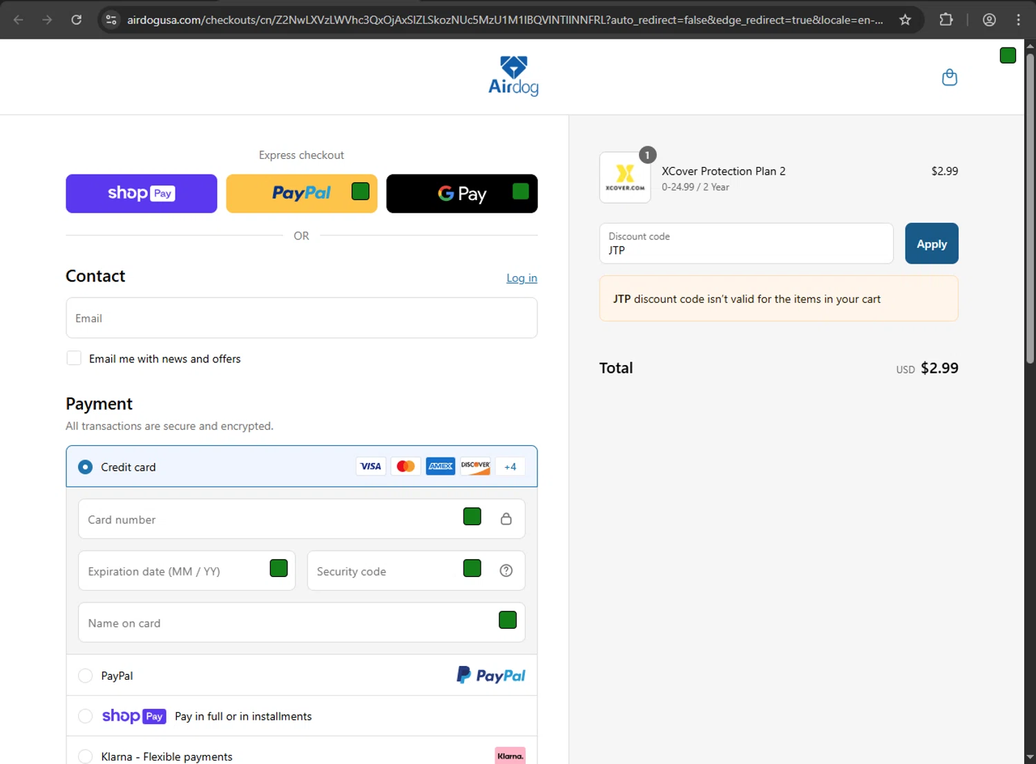 Airdogusa promo code screenshot showing code JTP applied at Airdogusa checkout page. Uploaded by SimplyCodes community member Scrooge on May 19, 2025
