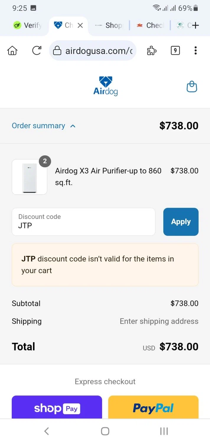Airdogusa promo code screenshot showing code JTP applied at Airdogusa checkout page. Uploaded by SimplyCodes community member menotychire on Aug 3, 2025