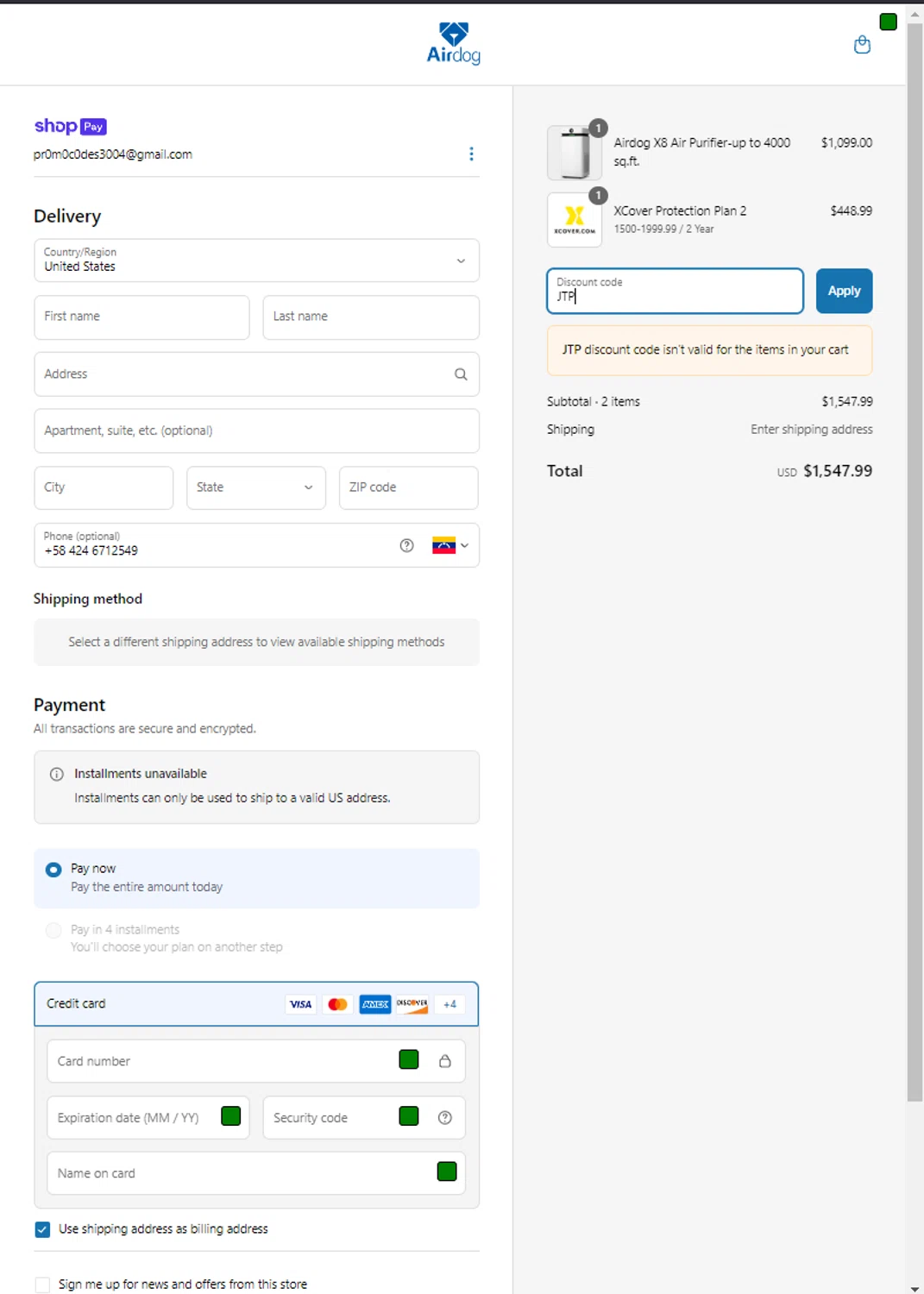 Airdogusa promo code screenshot showing code JTP applied at Airdogusa checkout page. Uploaded by SimplyCodes community member kaiser2 on Apr 15, 2025