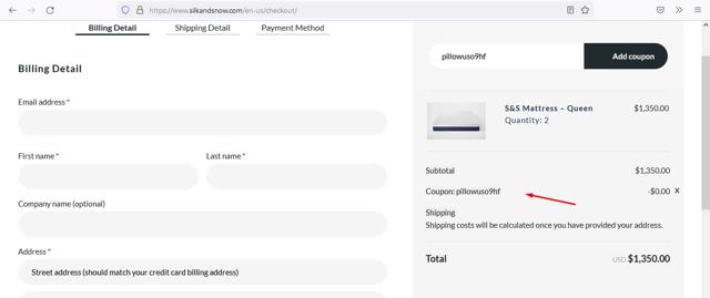Silk and Snow checkout page showing Silk and Snow coupon code box | Screenshot taken by SimplyCodes community member on Jul 10, 2022