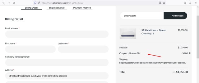 Silk and Snow checkout page showing Silk and Snow coupon code box | Screenshot taken by SimplyCodes community member on Jul 10, 2022